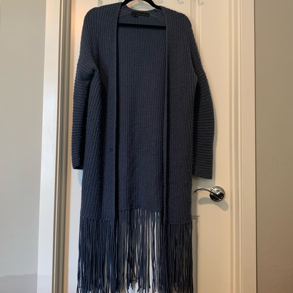 360 Cashmere Sweaters - Cashmere Fringe Slate Blue Open Front Sweater Coat